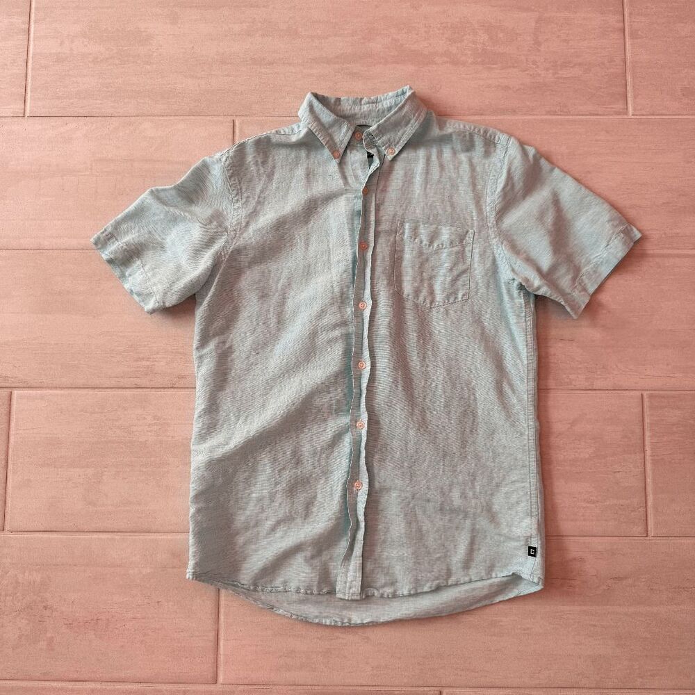 Chaps Shirt Blue Linen Cotton Button Down Collar Short Sleeve Men's Small